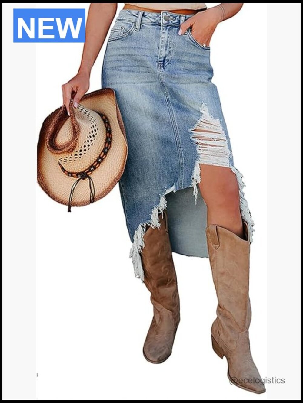 High Waisted Ripped Slit Denim Skirt Frayed Raw Hem Midi Western Jean